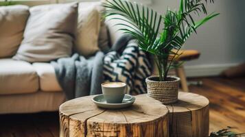 a cup of coffee sitting on top of a wooden table photo