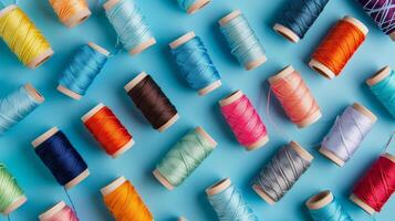 Colorful Array of Sewing Threads on Blue photo