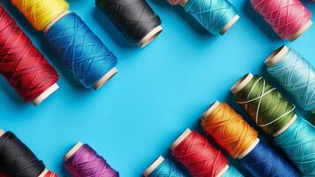 Colorful Array of Sewing Threads on Blue photo