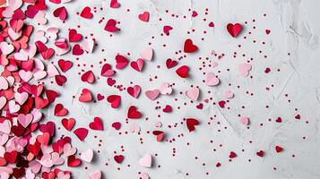 White surface covered with multiple red and pink heart shaped paper confetti photo