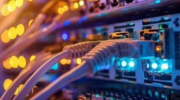 Detailed View of Ethernet Cables Connected to Illuminated Server photo