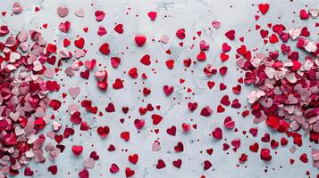 White surface covered with multiple red and pink heart shaped paper confetti photo
