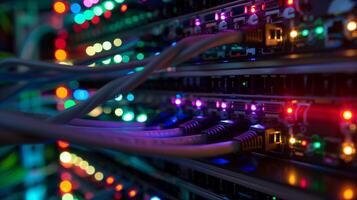 Detailed View of Ethernet Cables Connected to Illuminated Server photo