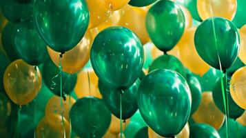 Colorful green and yellow balloons hovering above in a festive event photo