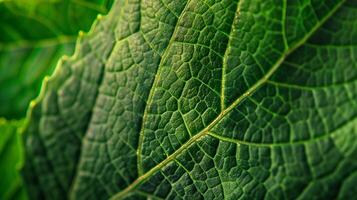 A close-up of a green leaf showing intricate patterns and textures photo