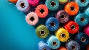Colorful Array of Sewing Threads on Blue photo