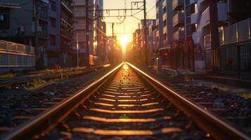 Urban railway track at sunrise with buildings photo