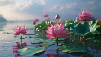 pink lotus flowers on a lake photo
