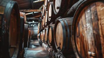 Whiskey bourbon scotch wine barrels in an aging facilit photo