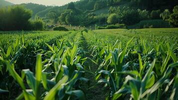 There is a Green beans field with corn stalks in the middle photo