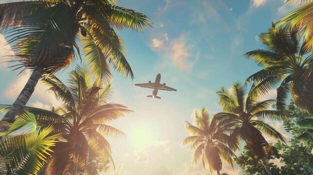 verano y palma arboles con un avión volador foto