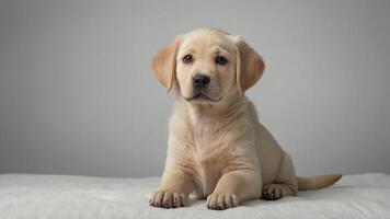 A Labrador dog puppy sitting on the floor and looking at the camera on a white background. photo