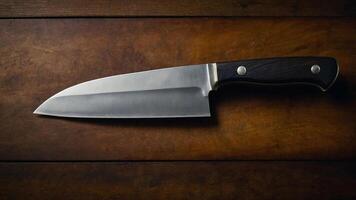 Top view photo of a classic chef's knife with a black handle on a wooden counter.