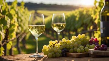 two glasses of wine and grapes on a table with a bottle of wine with a vineyard on the background photo
