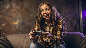 Excited girl playing game with controller at home photo