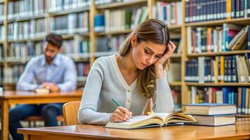 Focused students studying in a library with books around photo