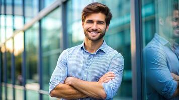 Smiling businessman outside modern office building with arms crossed photo