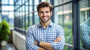 Confident smiling man standing in modern office hallway with arms crossed photo