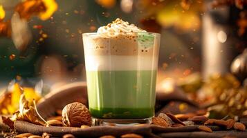Autumnal Matcha Latte With Whipped Cream and Nuts photo