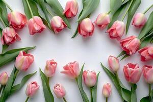 Pink Tulips Arranged on White Background photo
