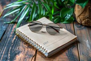 Gold-Rimmed Sunglasses Resting on Open Notebook With 2023 Date photo