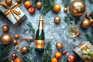 Champagne Bottle With 2025 Label Surrounded by Festive New Years Decorations photo