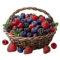 Basket of Berries - Illustration of Ripe Blackberries, Raspberries, and Blueberries in a Wicker Basket png