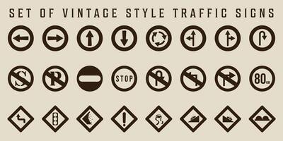 set of isolated traffic signs icon vintage illustration template graphic design. bundle collection of various warning prohibitory mandatory sign or symbol with retro style for road rules vector
