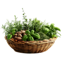 Wicker Basket Filled with Fresh Herbs and Spices Realistic Image png