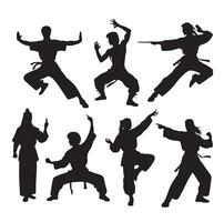 Silhouette of people isolated on white background. Wushu, kung fu, Taekwondo, Aikido. Sports positions. Design elements and icons. illustration. Set vector
