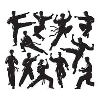 Silhouette of people isolated on white background. Wushu, kung fu, Taekwondo, Aikido. Sports positions. Design elements and icons. illustration. Set vector