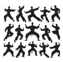 Silhouette of people isolated on white background. Wushu, kung fu, Taekwondo, Aikido. Sports positions. Design elements and icons. illustration. Set vector