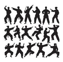 Silhouette of people isolated on white background. Wushu, kung fu, Taekwondo, Aikido. Sports positions. Design elements and icons. illustration. Set vector