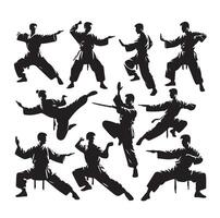 Silhouette of people isolated on white background. Wushu, kung fu, Taekwondo, Aikido. Sports positions. Design elements and icons. illustration. Set vector