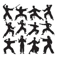 Silhouette of people isolated on white background. Wushu, kung fu, Taekwondo, Aikido. Sports positions. Design elements and icons. illustration. Set vector