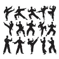Silhouette of people isolated on white background. Wushu, kung fu, Taekwondo, Aikido. Sports positions. Design elements and icons. illustration. Set vector