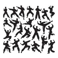 Silhouette of people isolated on white background. Wushu, kung fu, Taekwondo, Aikido. Sports positions. Design elements and icons. illustration. Set vector
