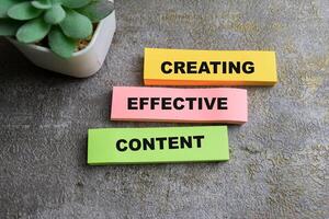 Concept of Creating, Effecive, Content write on sticky notes isolated on Wooden Table. photo
