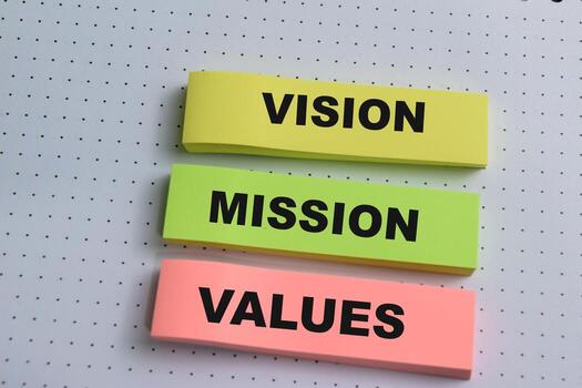 concepto de visión, misión, valores escribir en pegajoso notas aislado en de madera mesa. foto