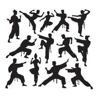 Silhouette of people isolated on white background. Wushu, kung fu, Taekwondo, Aikido. Sports positions. Design elements and icons. illustration. Set vector