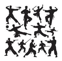 Silhouette of people isolated on white background. Wushu, kung fu, Taekwondo, Aikido. Sports positions. Design elements and icons. illustration. Set vector