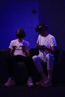The player plays the game using virtual reality. Neon style. photo