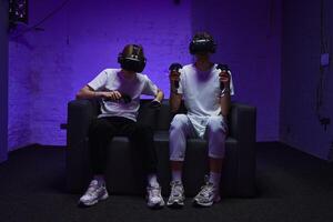 The player plays the game using virtual reality. Neon style. photo