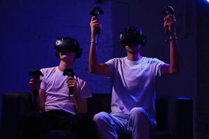 The player plays the game using virtual reality. Neon style. photo