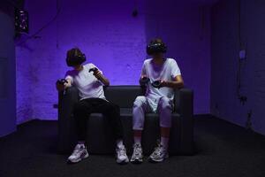 The player plays the game using virtual reality. Neon style. photo