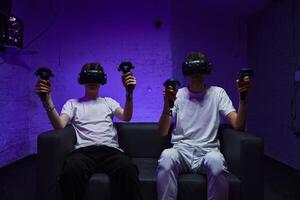 The player plays the game using virtual reality. Neon style. photo
