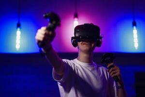 The player plays the game using virtual reality. Neon style. photo