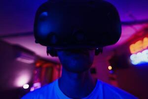 The player plays the game using virtual reality. Neon style. photo