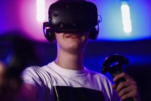 The player plays the game using virtual reality. Neon style. photo