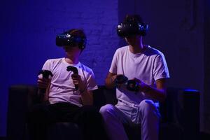 The player plays the game using virtual reality. Neon style. photo